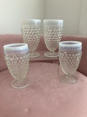 Set Of 4 Vintage 1940s Anchor Hocking Moonstone Opalescent Hobnail Goblets 5.25”