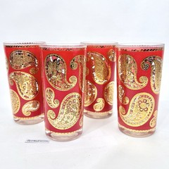4x Culver Paisley 22K Gold & Red Highball Drinking Glasses Vintage MCM 5.5″ Set
