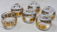 Culver Punch Bowl Fleur-De-Lis 10 Roly-Poly Glasses Metal Stand & Ladle 22K Gold