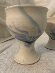 Vintage Set/2 Stoneware Hand Thrown Studio Pottery Goblet Chalices Floral Swirl