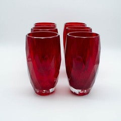 Ruby Red Sommerso Style Faceted Clear Drinking Glasses Gorgeous Heavy Set Of 6