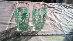 Set of 2 Green floral design cups with a metallic gold rim