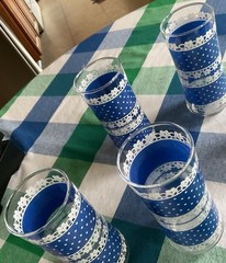 6 Vintage Anchor Hocking Tall Drinking Glasses Blue & White Polka Dots & Lace