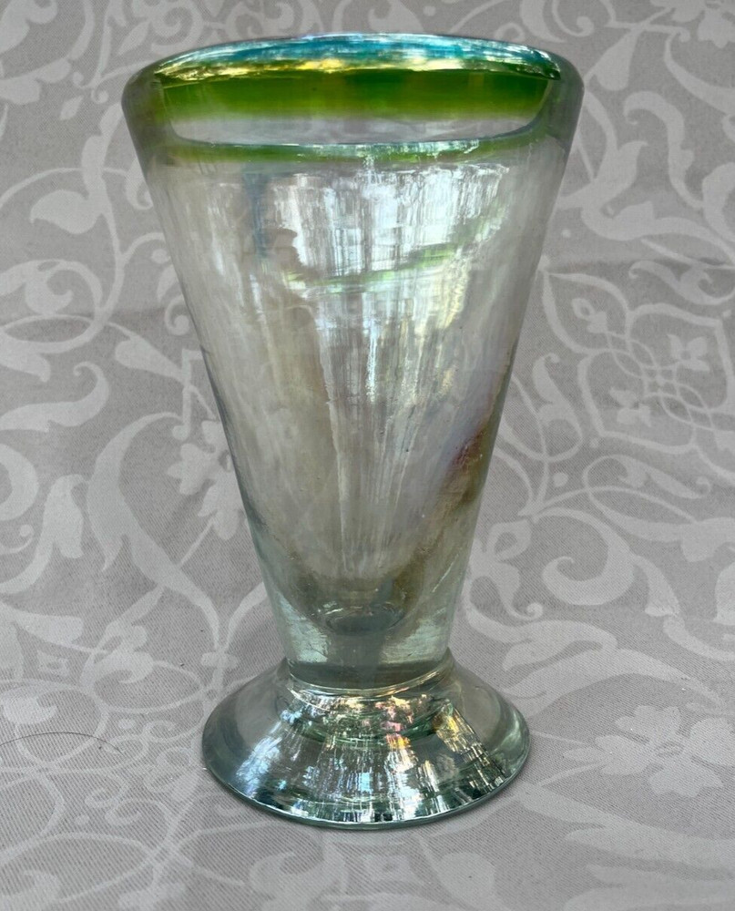 HAND BLOWN ~ V-SHAPED IRIDESCENT BLUE & GREEN LUSTER BAND GLASS / VASE