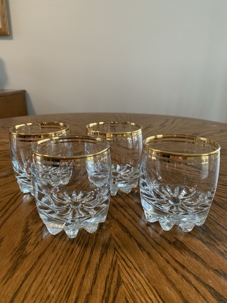 Vintage Pasabahce Whiskey Tumblers, Set Of 4, Panel Optic Design, 24 C Gold Rim