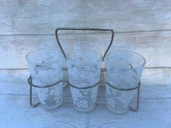 Vintage Mid Century Set Of 6 Glasses, Grapes with leaves pattern With Caddy