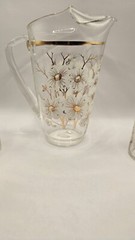 VTG 1 Pitcher 6 Glasses White Cherry Blossom Gold Trim Tree Branches Hand Blown