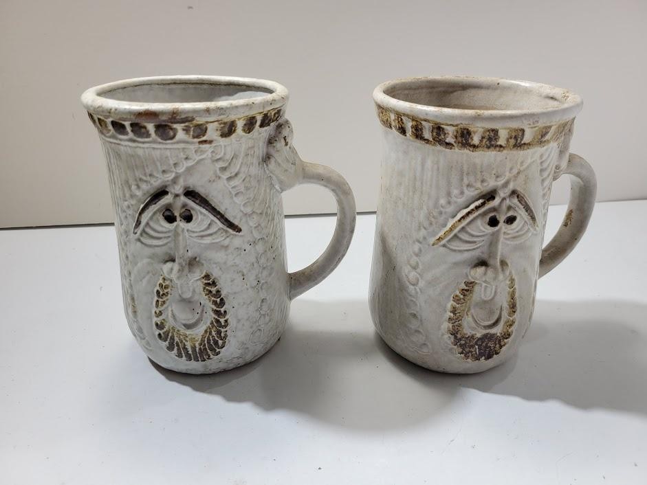 Studio Pottery Face Mug Set White Stoneware Folk Art Sculpted Beard Rustic Pair