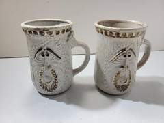 Studio Pottery Face Mug Set White Stoneware Folk Art Sculpted Beard Rustic Pair