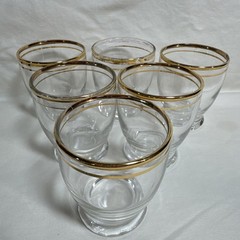 See Of Six Vintage Clear Glass Juice Glasses With Gold Rims And Bands