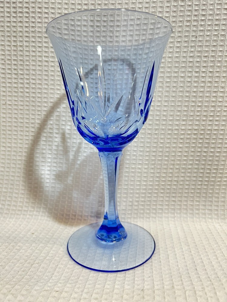 (Qty.2) Light Blue Cut Glass/Dimpled Thumbprint-7 3/8” Goblet/Wine Glasses