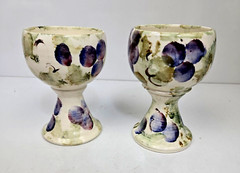 Studio Art Pottery Wine Goblet Chalice Cup Grape & Leaf Hand Painted Set of 2