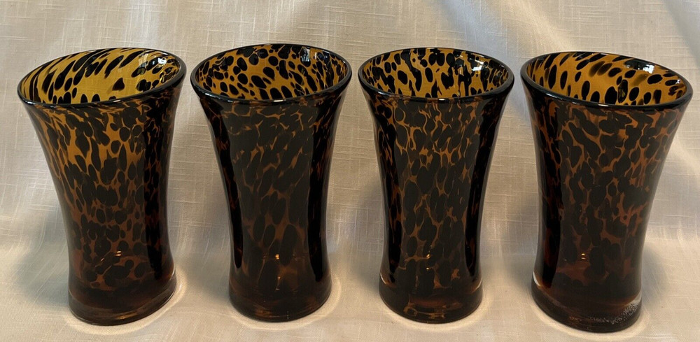 Vintage Hand Blown Glasses Splatter Swirled Tumblers Tortoise Shell Brown Set 4