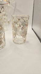 VTG 1 Pitcher 6 Glasses White Cherry Blossom Gold Trim Tree Branches Hand Blown