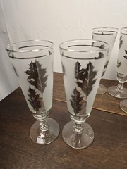 8pc VTG Libbey Glass Co. Silver Leaf Frosted Band Ribbed Stems Pilsner Glasses
