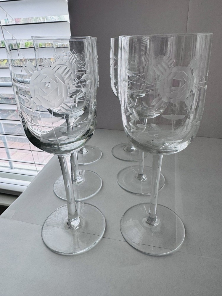 Vintage Crystal Etched Wine/Water Glass Rose Read Description