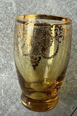 2 Laguna Venezia Murano Shot Glasses Gilding Embellishment Amber Yellow Vintage