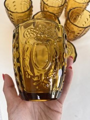 Vintage Amber Glass Cups Set of 7 Grandmillennial Boho MCM Medallion Tumblers