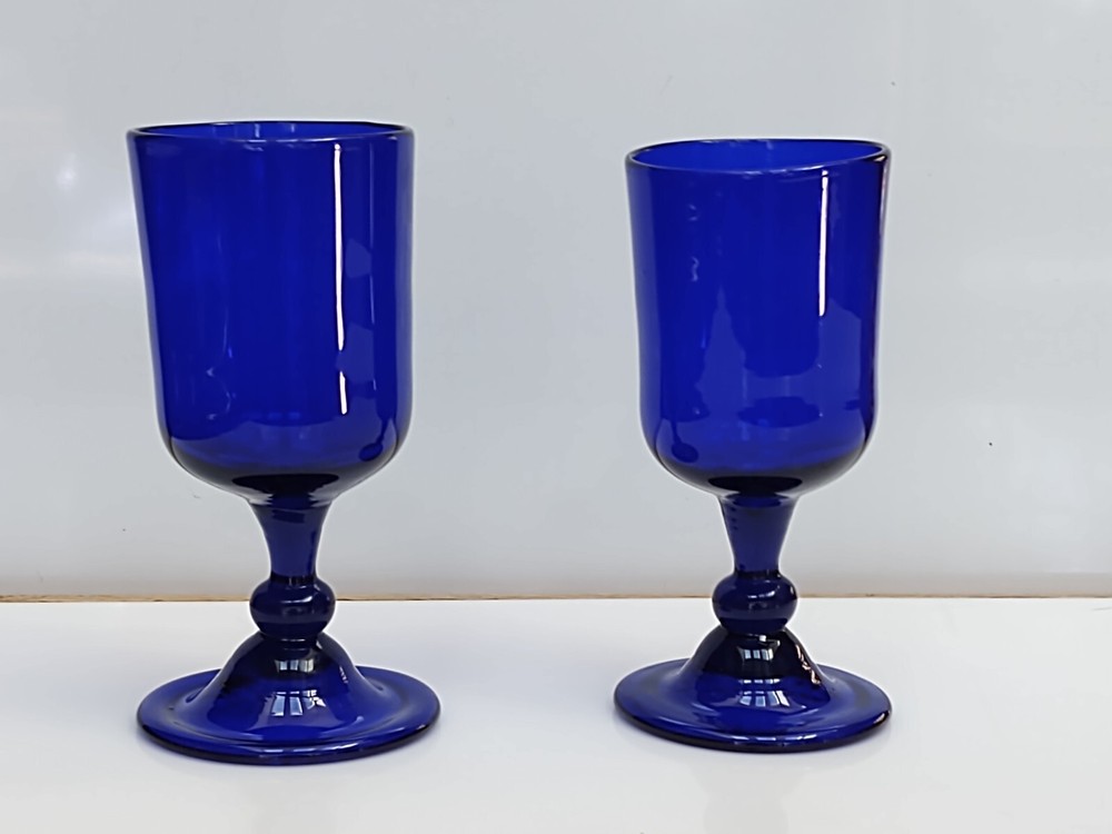 PAIR OF 16 FL. OZ. COBALT BLUE GLASS GOBLETS HANDBLOWN