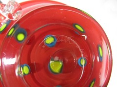 Signed Hand-Blown Art Glass Double-Handled Cup Bowl Red w/ Yellow Polka Dots