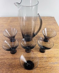 Morgantown Normandie Smoky Glass Pitcher Martini Set 6 Glasses MCM Barware