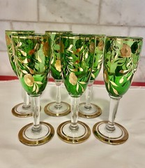 Stemware-(6) Emerald Green and Gold Floral Design-Sherry/cordial Flutes-