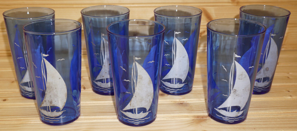 Hazel Atlas Ships Blue w/Dirty White Sails (7) Flat Iced Tea Glasses, 4 7/8″ (B2