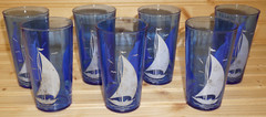 Hazel Atlas Ships Blue w/Dirty White Sails (7) Flat Iced Tea Glasses, 4 7/8″ (B2