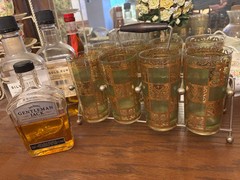 Set 8 Culver Prado Mid Century 22kt Gold Green Highball Glasses W/ Carrier MCM
