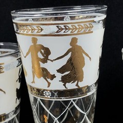 MCM Grecian Goddess Roman Gold Figures & Lattice Pilsners Bar Glasses Three (3)