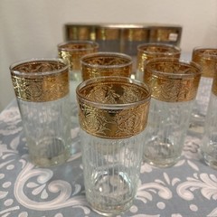 4 CULVER Tyrol Gold Encrusted Band Highball Glasses MCM Tumblers, With Box