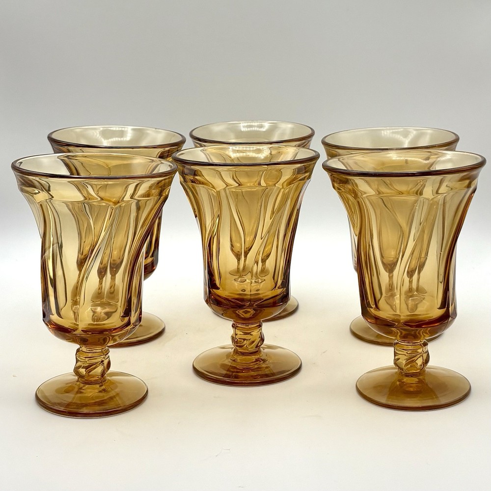 Vintage MCM 6 Glasses Fostoria Jamestown Amber 6” Water Tea Wine