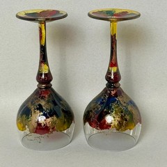 VTG Pair of Monarch Crystal Monaco Hand Painted Wine Glasses Romania 7.75” Tall