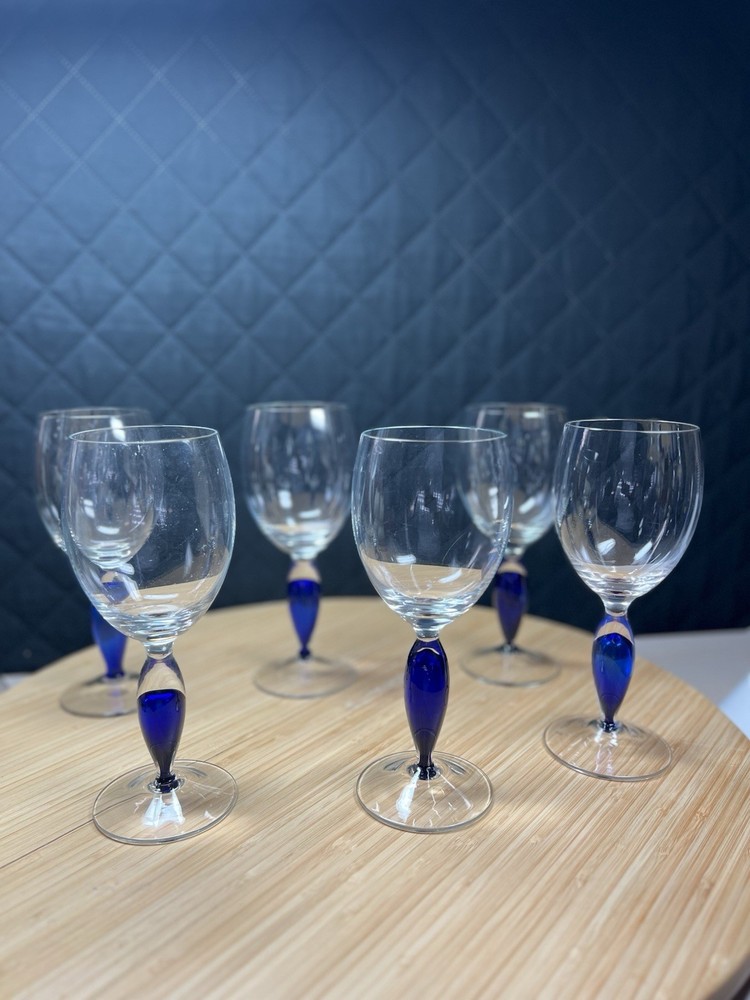 6 Hand Blown Clear Controlled Bubble Red Wine Goblets With Cobalt Blue Stems 8oz