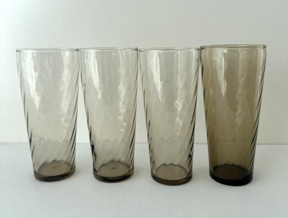 Set of 4 MCM 2 Shade of Amber Brown Swirl Cooler Tumblers 6 1/2″ tall 16 fl oz