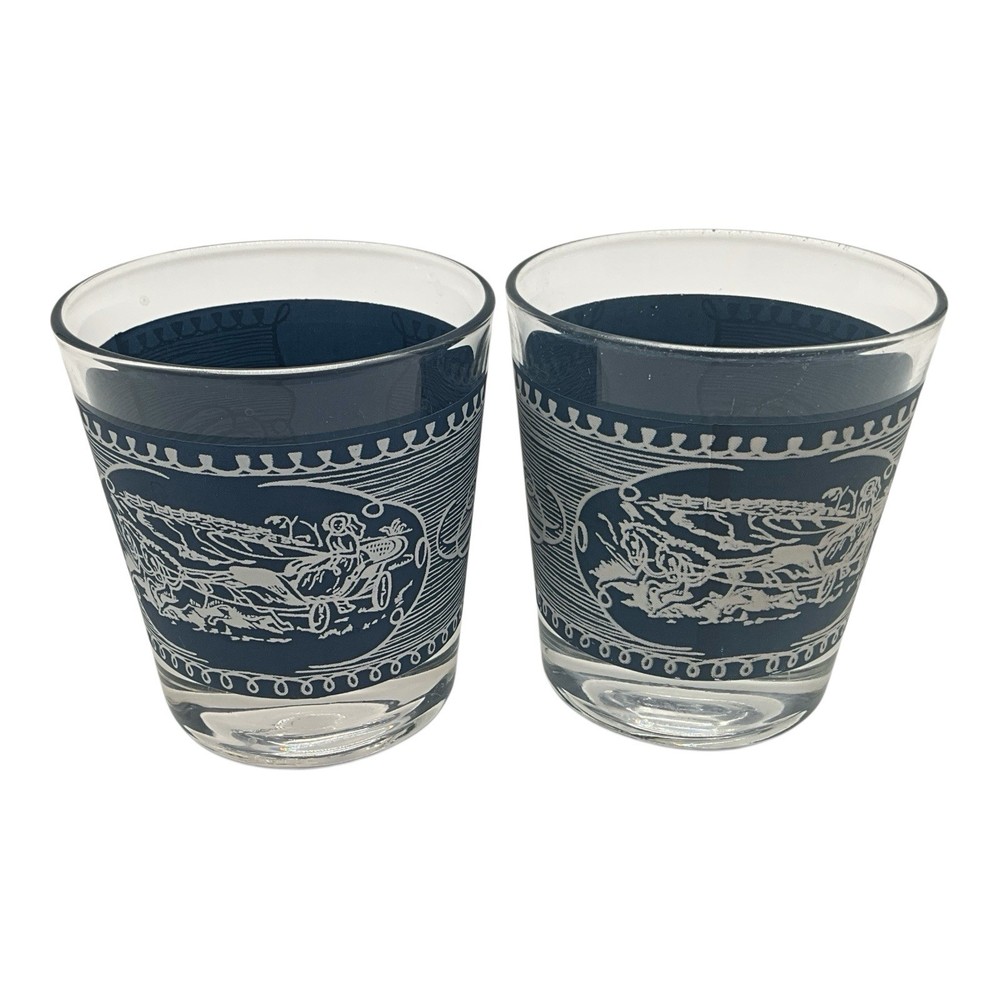 Royal China Currier & Ives Blue and White Old Fashion Glasses w/Horse Carriage
