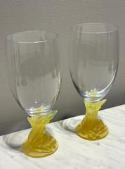 Rare Pair of Vintage Daum France Cactus Crystal Wine Glass Pate de Verre Signed