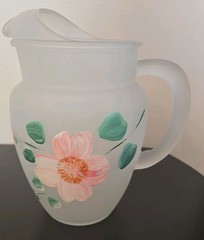 Vintage Floral Frosted Pitcher, Hand Painted Beautiful Retro Pitcher