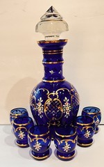 Murano Tre Fuochi Beverage Set 24K Gold Trim Decanter 6 Cordial Glasses Cobalt