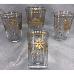Vintage Pasabahce Juice Glasses Gold Hand Painted Pressed Flowers Made In Turkey