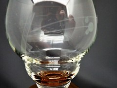 6 Art Deco Clear & Amber Base Footed Glasses Cut With Lines & Dots