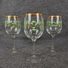LENOX Holiday Lot of 3 Holly Berry Goblet Stemmed Glass Dimension 12oz Gold Trim