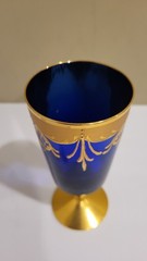 Venetian Murano Glass Wine Cocktail Glass Goblet Blue Gold Floral Mid Century