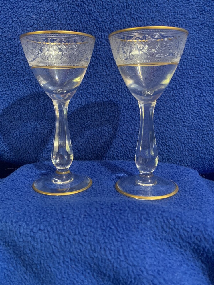 Glastonbury Lotus Brocade Gold Etched Cordial Glass 4 1/2″ Set of 2 Near Mint