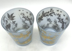 2 Vtg William Meier Double Old Fashioned Glasses Light Blue & Gold MCM Barware