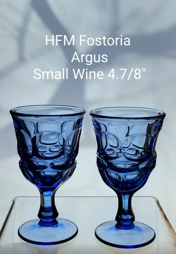 2 HFM Fostoria ARGUS Blue Tall Sherbet Champagne Glasses 5″