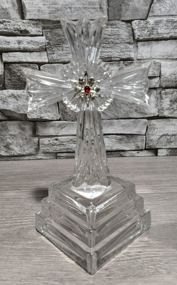 Lenox 8″ Lead Crystal Glass Table Cross w/Ruby Red Stone Christian Decor Statue