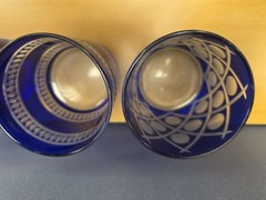 Vtg Set Of 4 Cut to Clear Cobalt Blue Glasses Lowball Whiskey Rocks Read
