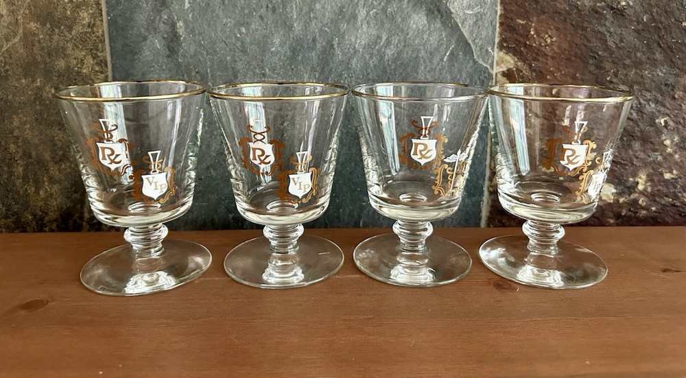 Libbey Apothecary Rx Cocktail Glasses Footed 22K Gold MCM Barware 4.5″ Set of 4