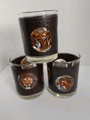 Vintage MCM Libbey African Safari Animal Glasses Set 3 Low Ball Signed M Dia